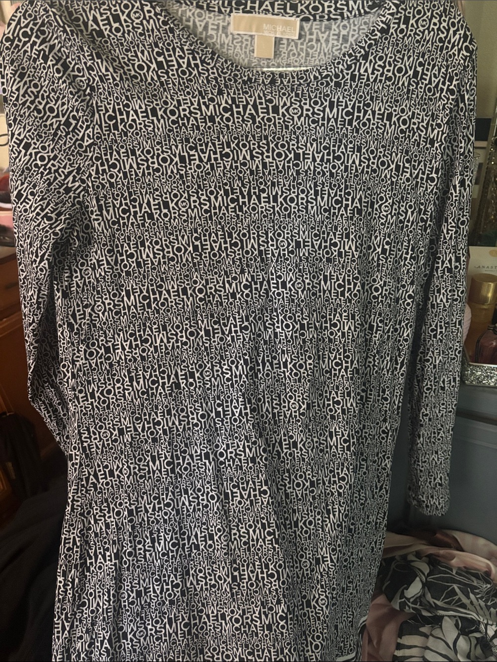 Michael Kors Black & White Logo-Print Long Sleeve Dress